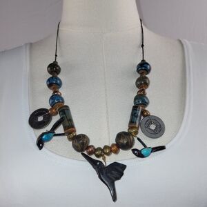 NEW Hummingbird Beaded Necklace Handmade in USA Blue Teal Copper 12 inch Drop